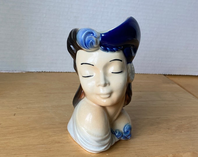 Royal Copley Blue Lady Victory Roll Hair Wall Pocket Planter