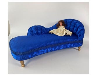 Gorgeous Vintage  19" long 1:6 scale Royal Blue Brocade Upholstered Chaise Lounge Sofa