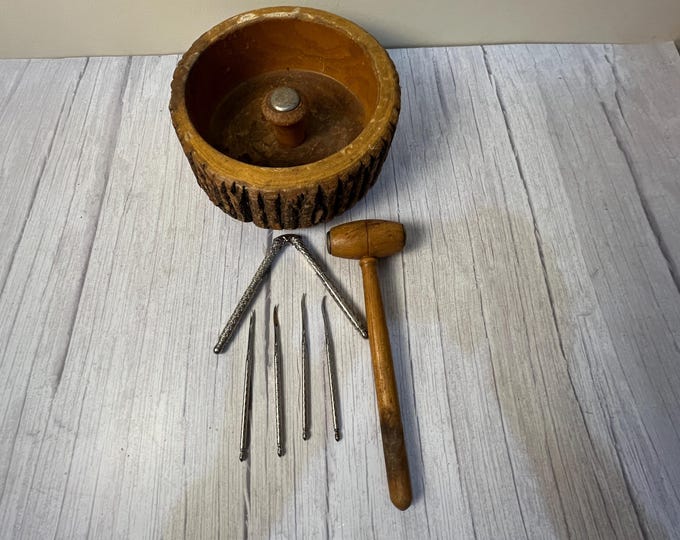 Vintage 7-piece Live edge nut bowl with hammer, cracker and picks