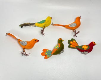 Set of 5 Felt and Flocked Bird Tree Ornaments