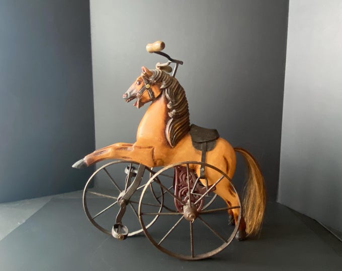 Vintage 15" tall Velocipede Victorian Hand Carved Wooden Tricycle Horse w/ Leather saddle & working metal wheels, wooden knob handlebars