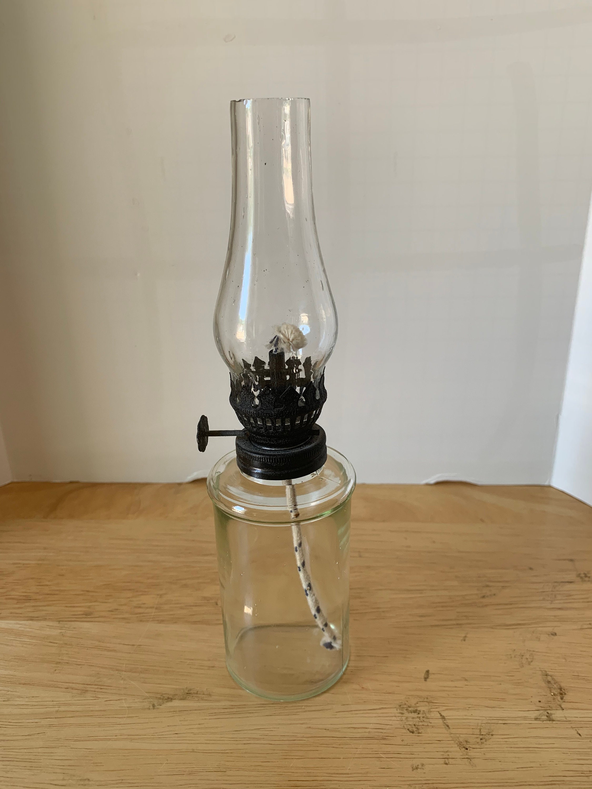 miniature vintage cylinder glass oil lamp chimney and wick