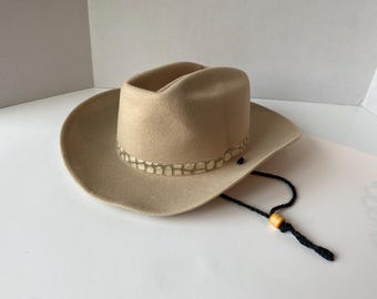 Vintage Molded  Child's Felt cowboy hap with Faux Snake Skin trim and  rope chin strap with wooden cord stopper