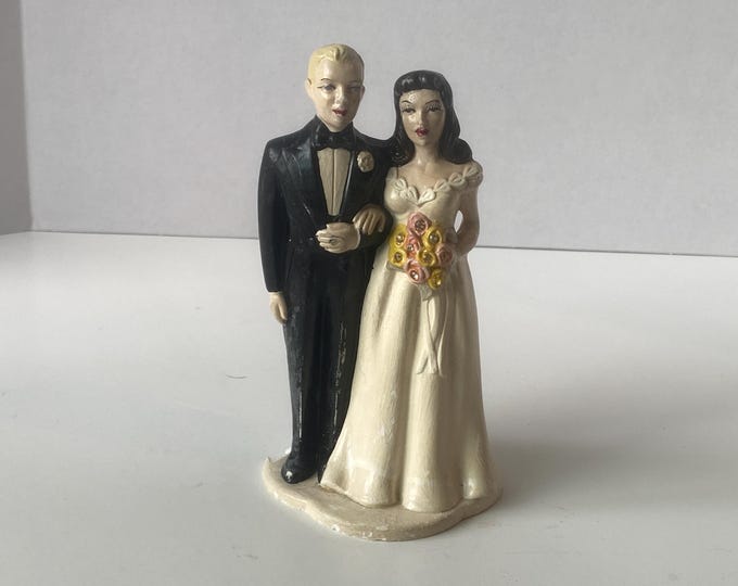 1950s-1960s Bride and Groom Chalkware Cake Topper with rhinestones in Bouquet Flowers - Rare Blonde & Brunette Couple
