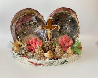 Large 13" wide Seashell Grotto Shrine with Crucifix