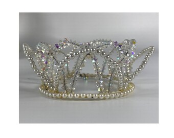 Vintage Petite 2 Rows of  Iridescent Clear and Faux Pearl Beaded Crown for Wedding, First Communion Ballerina or Play