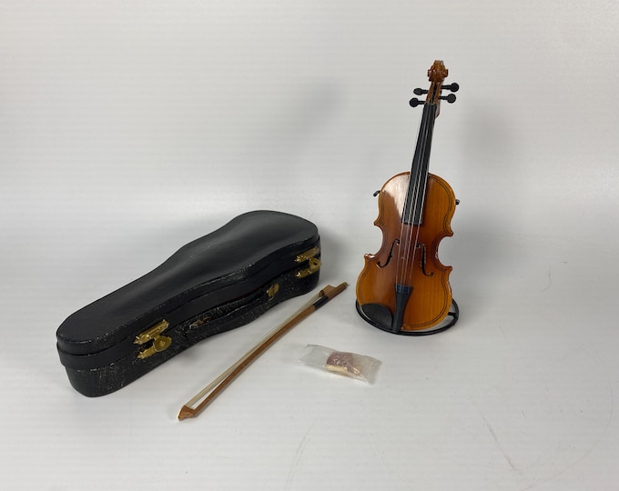 Realistic Looking 7 3/4" Tall Miniature Dollhouse Decorative Wooden Violin and Bow with Black Faux Leather case lined with red Velvet