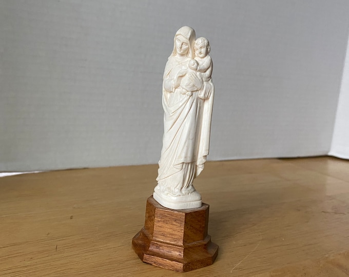 Vintage Mother and Child Jesus, King of the World plastic and wooden figurine