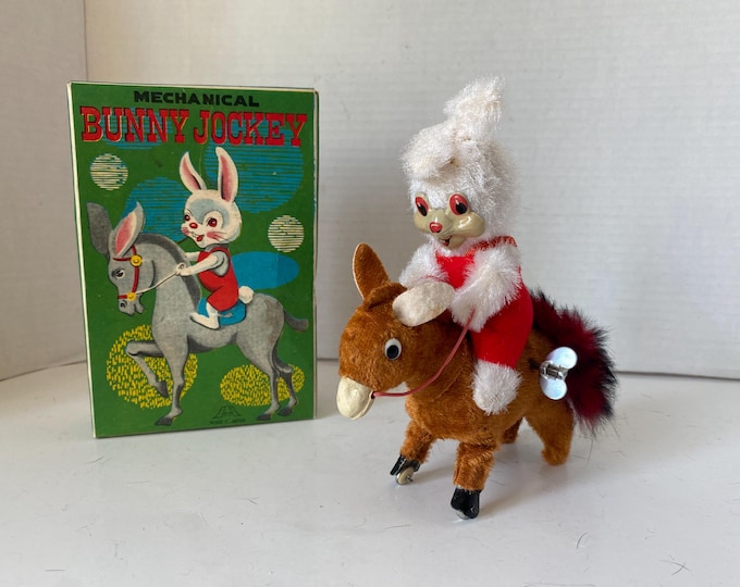 1940s Mechanical Wind Up bunny Jockey in original box in working condition