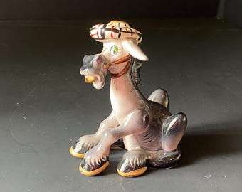 MCM Enesco Silly Donkey with Buck Teeth and Plaid Beret Ceramic Figurine  1950s - 60s from Japan