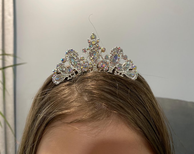 Aurora Borealis Rhinestone Silver Tone Tiara Comb for Bride Princess Flower Girl Holy Communion