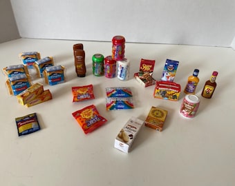 27 piece miniature dollhouse foods including Kraft Cheese, Mentos, Stove Top, Marshmallows, Kraft Dressing, Milano Cookies