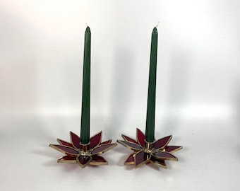 Set of 2 Vintage Stained Glass Red Poinsettia Taper Candle Holders