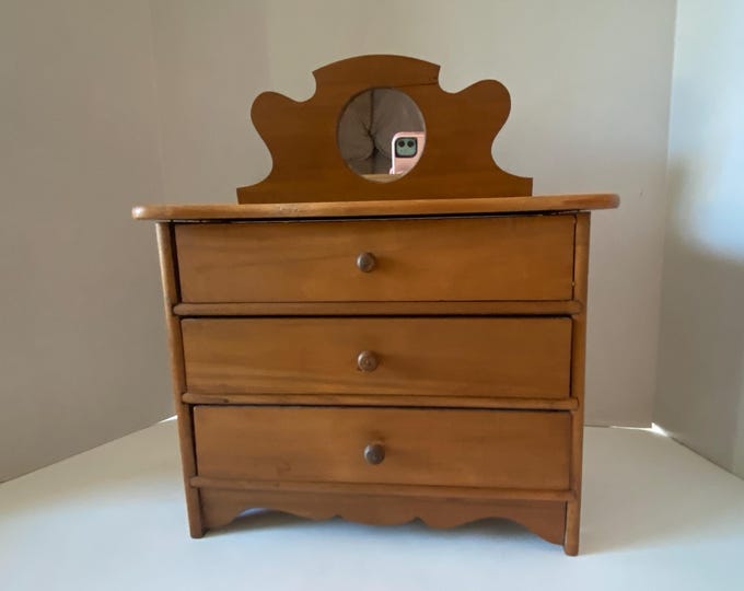 Vintage Wooden 13 1/2" Tall Doll Dresser with Round Mirror