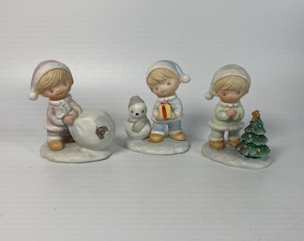 1980s Set of 3 HOMCO #5613 Christmas Children Porcelain Bisque Figurines