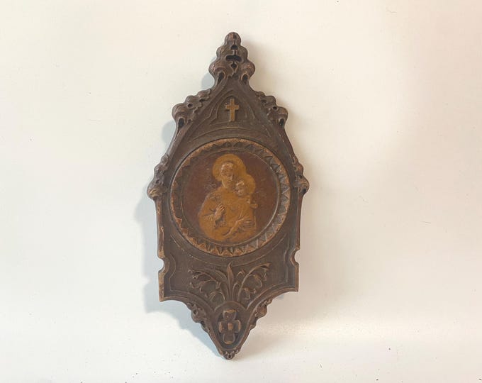 Antique Gothic Style Hand Carved Wood Composite Sanctuary Wall Plaque of St Joseph and the Christ Child