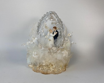 Gorgeous Vintage "First Kiss" Bride and Groom Cake Topper with Beaded Arches, tulle, Lace and Lily of the Valley Flowers