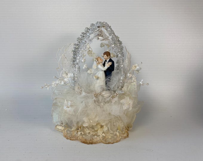 Gorgeous Vintage "First Kiss" Bride and Groom Cake Topper with Beaded Arches, tulle, Lace and Lily of the Valley Flowers