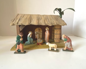 Vintage Fontanini Italy 9 Piece Hand Carved Wooden  Nativity scene with Creche and Palm Tree