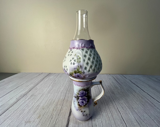 Vintage small floral white milk glass finger oil Lamp with diamond cut shade chimney and wick