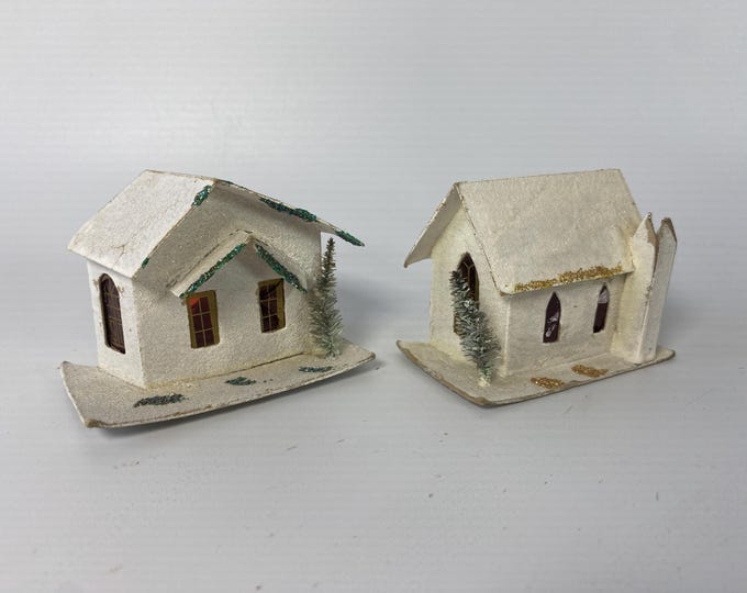 Set of 2 Vintage Putz Houses with gold or green and white glitter accents