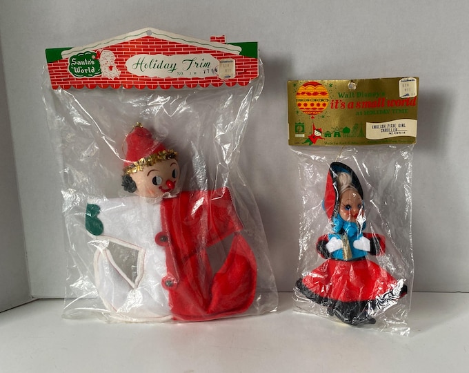 1960s Set of 2 New in Package Vintage Christmas Doll Ornaments - Walt Disney It's a Small World Caroler and Clown Doll