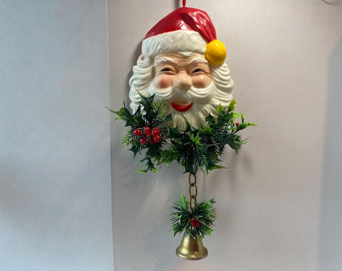 Vintage MCM Plastic Santa Claus Door Hanger Holly Mistletoe with Metal Bell