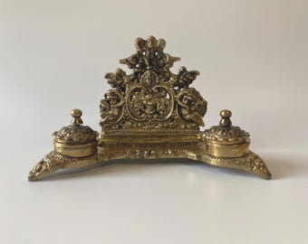 Vintage Double Brass Lidded and letter holder organizer with Intricate Cherub Designs