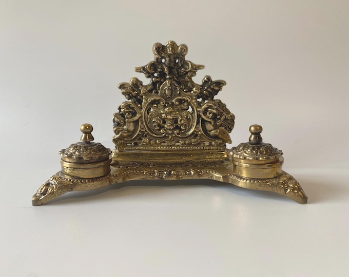 Vintage Double Brass Lidded Inkwell and letter holder organizer with Intricate Cherub Designs