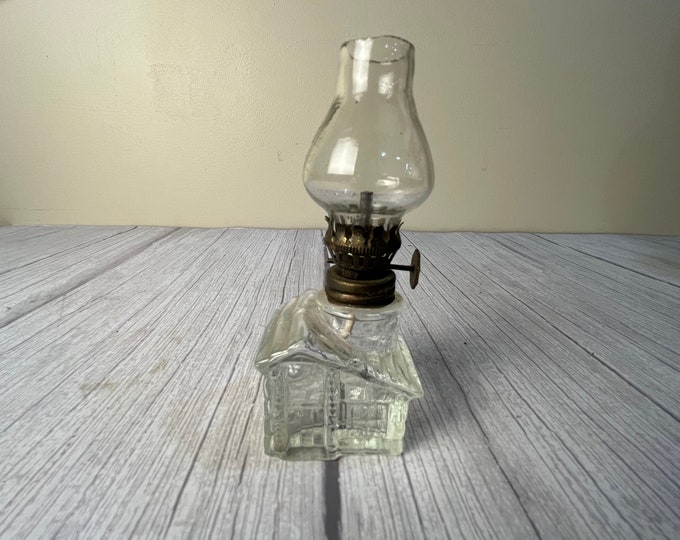 Vintage miniature clear glass house oil lamp with dark chimney and wick