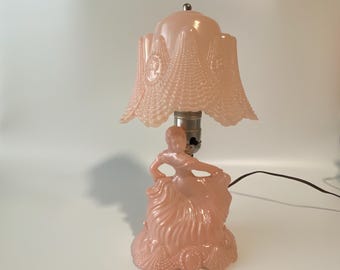 Vintage 11" pink satin camphor glass boudoir lamp from the 1930s Art Deco period