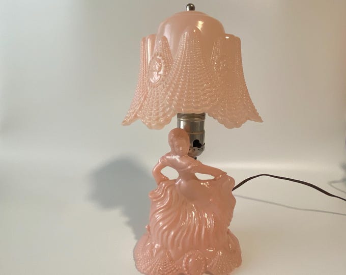 Vintage 11" pink satin camphor glass boudoir lamp from the 1930s Art Deco period
