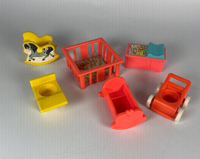 6 Piece Set 1970 Fisher Price Play Family Nursery Pink and Yellow Set Model #761