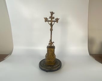 18th Century Jansenist Altar Crucifix Brass plated Crucifix with Angels, lamb and St Anne de Beaupré holding the young Virgin Mary