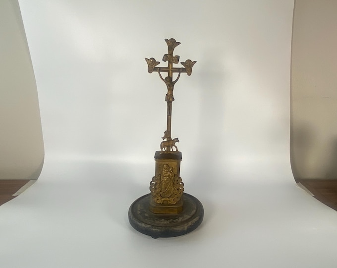 18th Century Jansenist Altar Crucifix Brass plated Crucifix with Angels, lamb and St Anne de Beaupré holding the young Virgin Mary