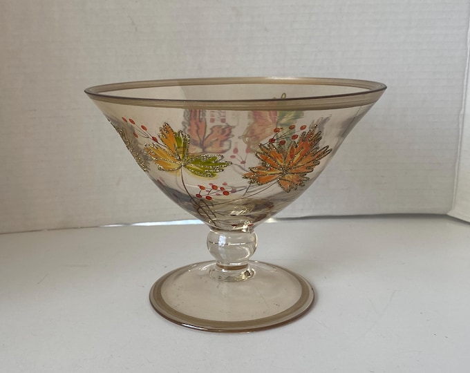 Vintage Glass pedestal  bowl with hand painted fall leaves outlined in gold glitter