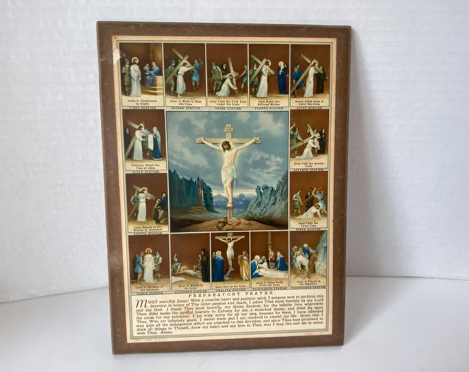 Vintage Wooden Wall Plaque Stations of the Cross with Preparatory Prayer