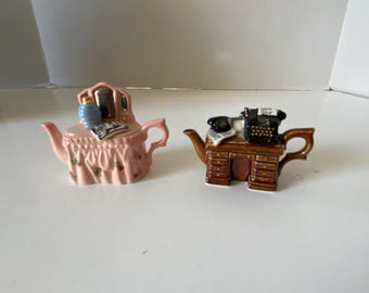Choice Miniature Ceramic Tea Pot Figurines - Pink Perfume Dresser or Brown Crime Writer Desk