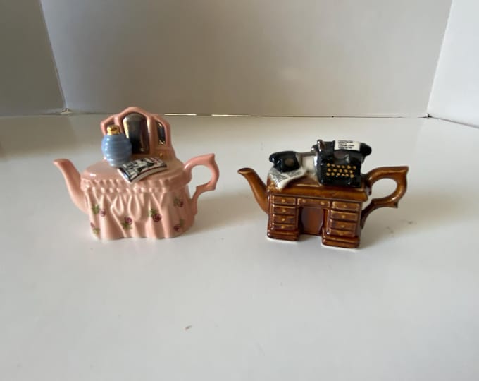 Choice Miniature Ceramic Tea Pot Figurines - Pink Perfume Dresser or Brown Crime Writer Desk
