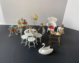 26 piece Vintage Miniature Dollhouse Furniture Wrought Iron & Wicker Furniture, Brass Bird Cage, Dessert /Flower Cart, Desserts etc