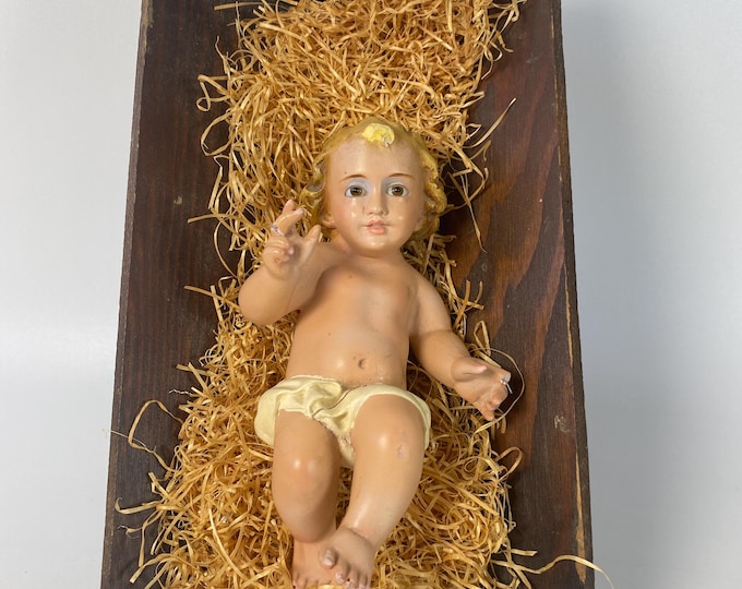 Vintage 9 1/2" Wooden Manger and Chalkware Baby Nino Jesus with Glass Eyes