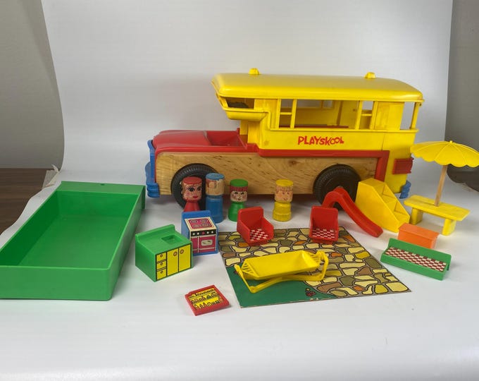 Vintage 1973 Playskool Play Camper #482 with Original Accessories including 4 Wooden Family Members, Furniture, Slide, Picnic Table etc