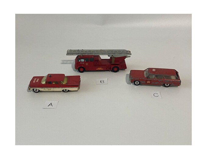 Set of  3 1960s Die Cast /Corgi Chev Impala Fire Chief,  Lesney King Size  Fire Engine & Gamda Koor Sabra Chev Chevelle Wagon Fire Chief