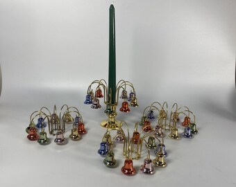 Set of 4  Taper Candle Christmas Bell-O-Rama  Brass Color Candle Ring Holders with 40 multi color bells