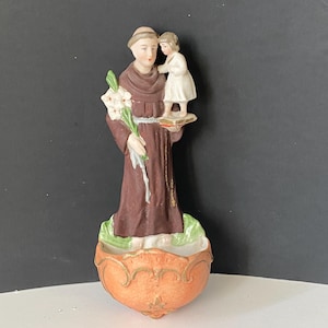 1930s  St. Anthony and the Christ Child ceramic bisque Holy Water font statue