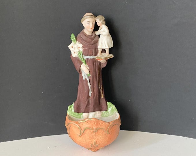 1930s  St. Anthony and the Christ Child ceramic bisque Holy Water font statue