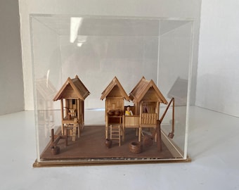 Bamboo Miniature 1:48 Scale Tai House and Rice Storage Building with accessories in Acrylic Display Case