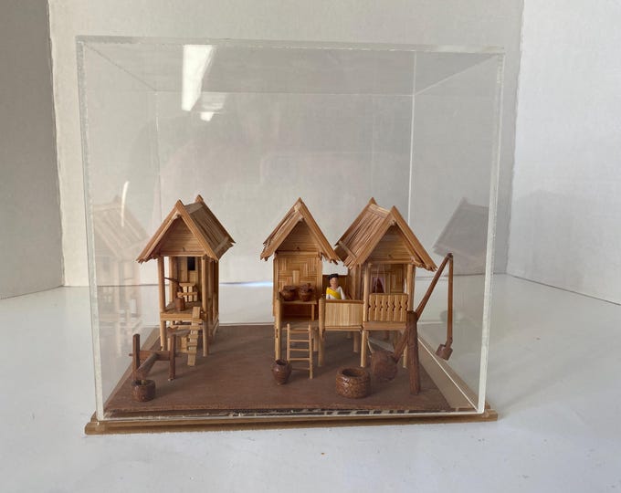 Bamboo Miniature 1:48 Scale Tai House and Rice Storage Building with accessories in Acrylic Display Case