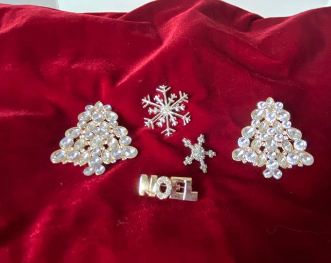 Set of 5 Rhinestone Christmas Noel, Christmas Tree, and Snowflake Holiday Winter Pins
