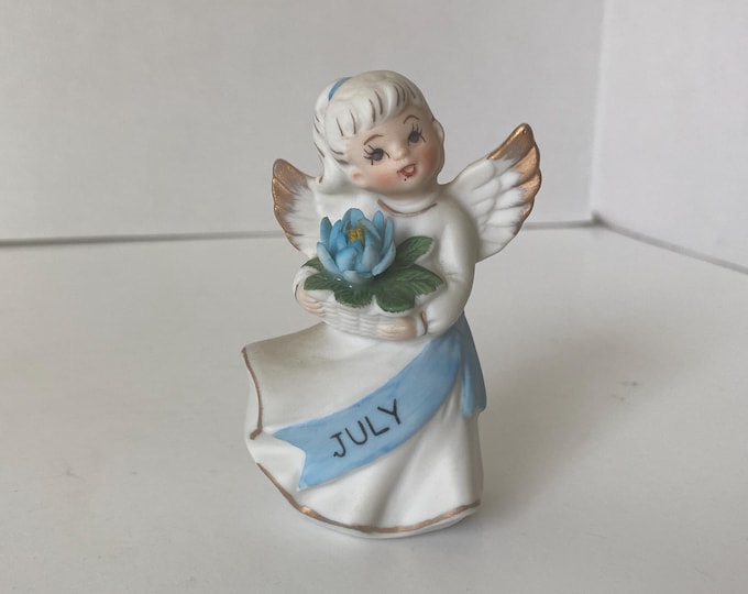 Vintage July Birthday Porcelain Bisque Angel Figurine in White Dress with Blue Flower